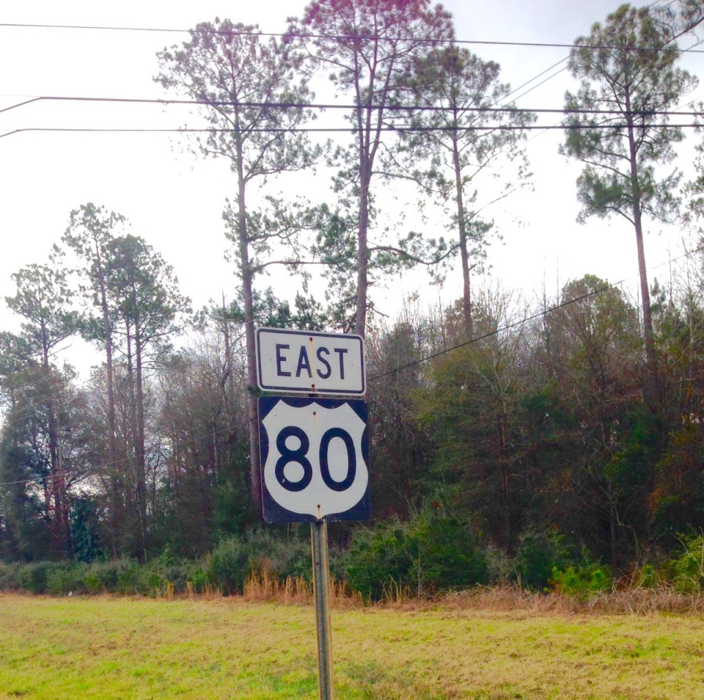 U.S. Highway 80, Lowndes County. You may see only a sign & some trees. The soldiers guarding the march to Montgomery saw also excellent cover for segregationist sharpshooters. And not without reason . . .